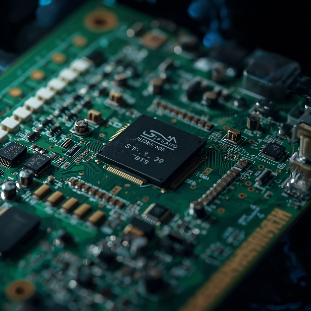 A close-up macro photograph of a modern green printed circuit board PCB with gold traces, microprocessors, capacitors and LED components, shallow depth of field, dark background with dramatic blue accent lighting, ultra-detailed technology photography, no people